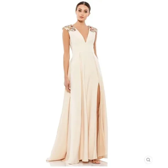 Mac Duggal 26540 Ieena Beaded Cap Sleeve V Neck A Line Gown Dress Cream Size 4 - Picture 2 of 16